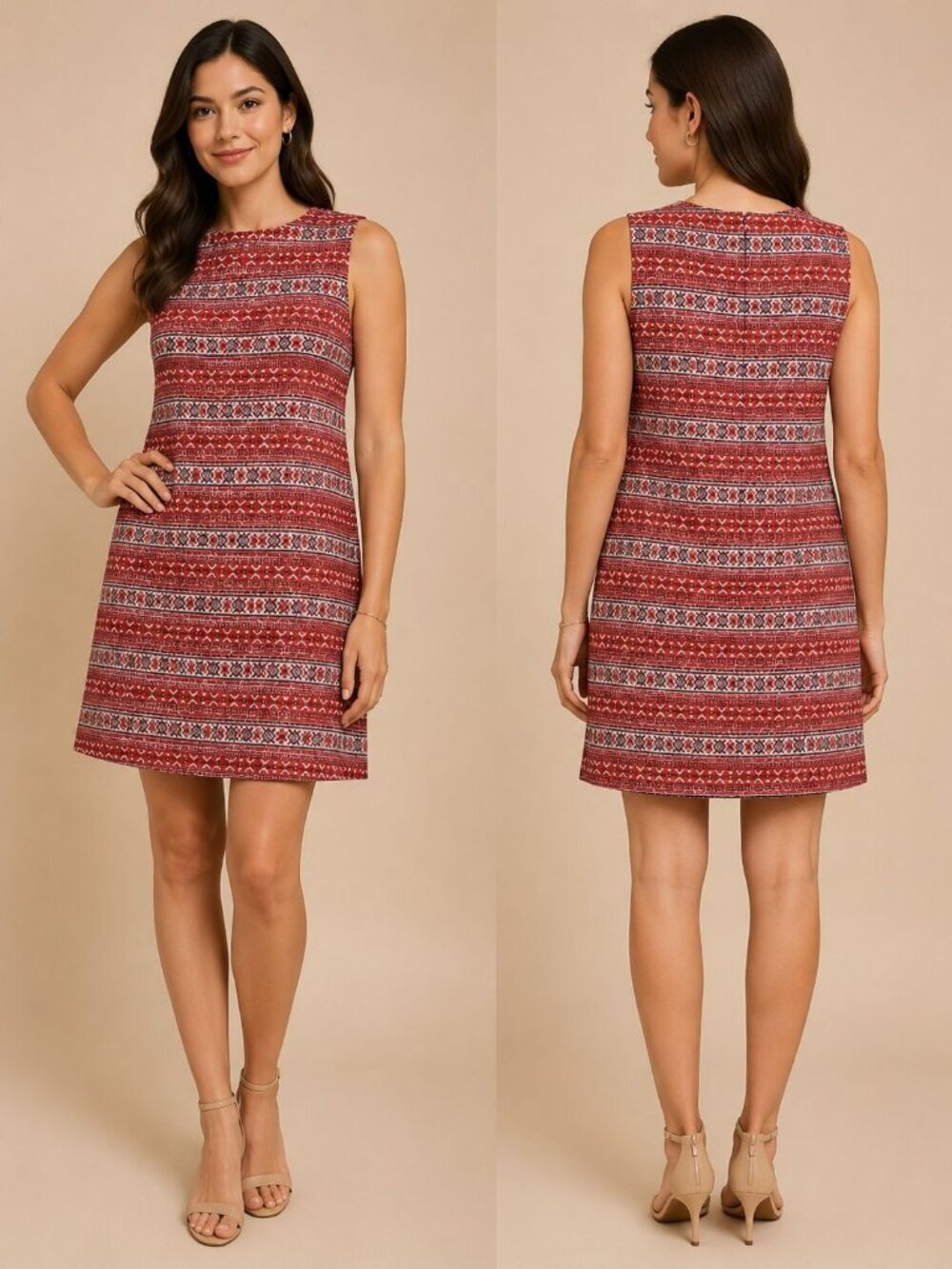 Nardis Of Dallas Vtg Red Sleeveless Shift Dress W/Geometric Pattern Small